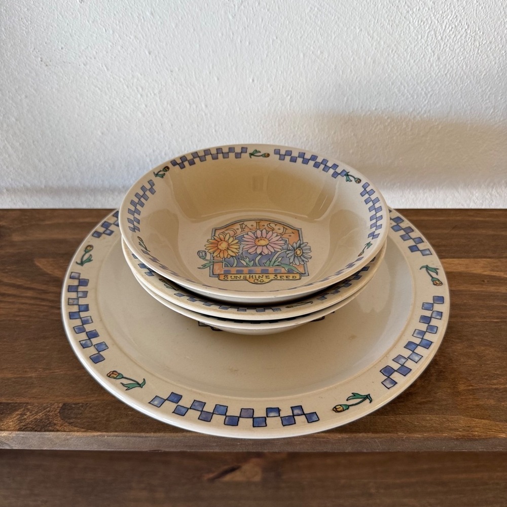 4pc Gibson Sunshine Seed Co Daisy Stoneware 3 Soup Bowls & 10" Dinner Plate Set